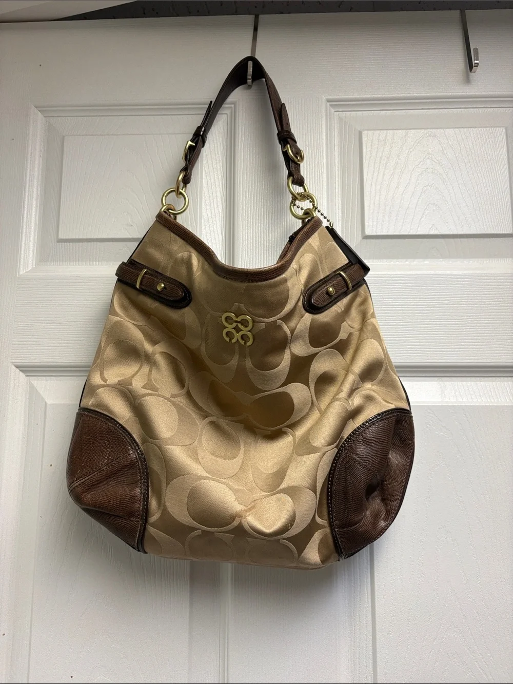 Coach Tan and Brown Signature Shoulder Bag